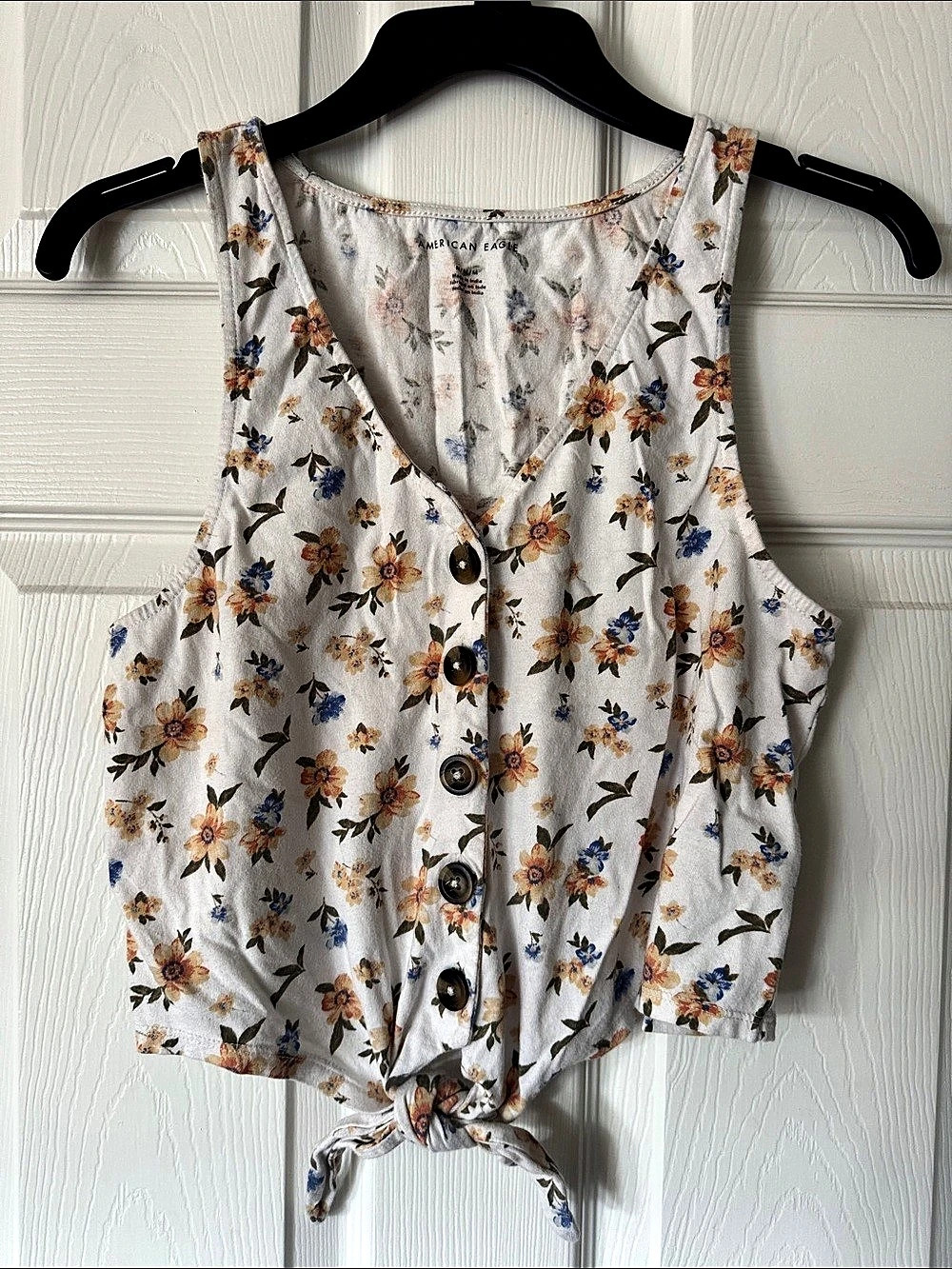 American Eagle Floral Button Front Crop Top in White, Blue & Yellow Size Medium